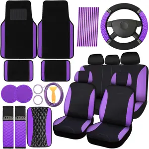 BBTO 43 Pcs Car Accessories Set for Women Front Seats and Rear Bench Polyester Car Seat Protectors Wheel Cover Seat Floor Mats Full Crystal Automotive Interior Decor(Purple and Black)