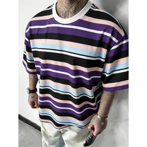 Men's Summer Sporty Striped Round Neck Casual Loose Short Sleeve T-Shirt, Comfortable and Stylish, Perfect for Daily Wear