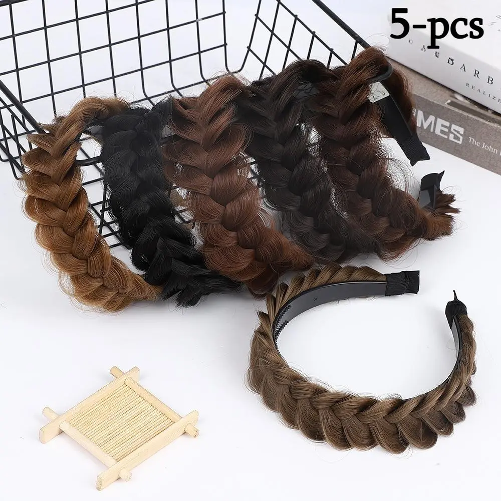 5-pcs Niche Boho Fishtail Braided Wig Headband for Women, Instant High‑Crown Hair Accessory, Comfortable Wear‑Style Hair Hoop for Summer Makeup, Travel and Dating Looks