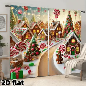 2D Flat 2Pcs Christmas Gingerbread House Candy Land Fantasy Window Curtain, Lollipop Tree Decorated Winter Scene, Rod Pocket Semi Sheer Drapes, Living Room Bedroom Decor, Holiday Theme Window Treatment, Perfect Xmas Gift