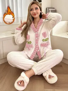 Women's Coral Fleece Pajama Set, Winter Long Sleeve Flannel Sleepwear, Thickened Warm Home Clothes, New Year Style, Cozy Loungewear, Pyjamas, Homewear, Pjs, Lady, Outfit, Womenswear