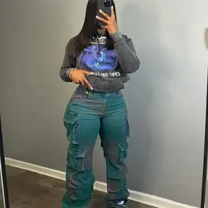 2025 New Women’s Fashion Statement Tie-Dye High-Waisted Straight-Leg Jeans with Multiple Pockets — Denim Green Pants Suitable for Use as Outerwear