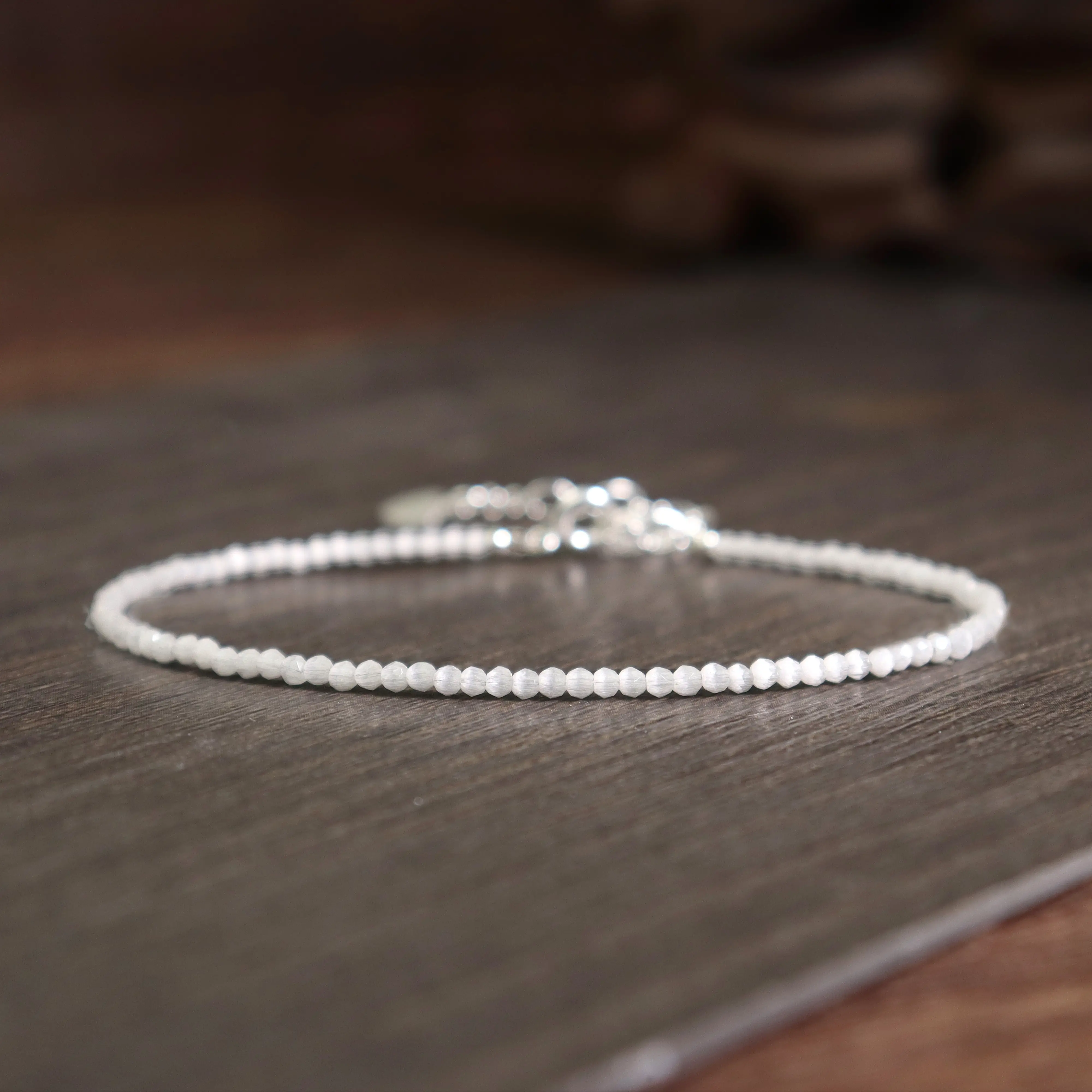 Natural Selenite Stone Bracelet 2mm Satin Spar Crystal Dainty Bracelet Delicate Gemstone Beaded Bracelet Anklet Minimalist Style for Women Handmade Gi