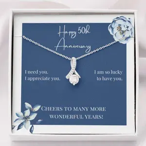 Wife Necklace, To My Wife Necklace Gift “ Happy 50Th Anniversary Cheers Sparkle Ribbon Necklace, Elegant Necklace Gifts for Wife - Perfect Anniversary, Birthday or Special Occasion Jewelry for Her