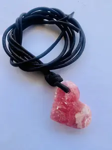 Argentina Rhodochrosite GemStone Heart Shape Necklace Genuine Black Leather Cord