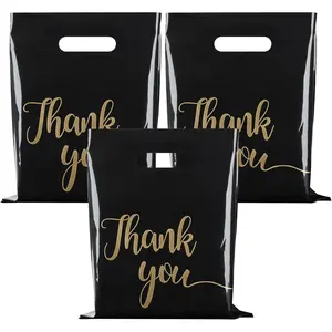 100 Pack Thank You Bags for Small Business, 9 x 12 Inch Plastic Shopping Bags with Handles Retail Merchandise Bag Extra Thick  Bag Bulk (Black)