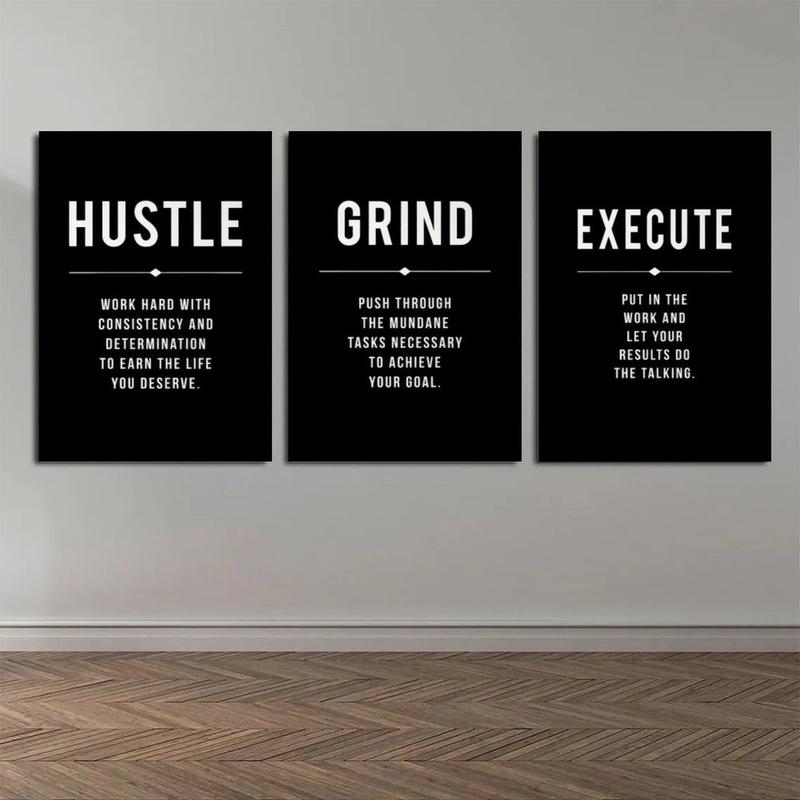 Motivational 3 Piece Set Wall Art Poster, Hustle Grind Execute Prints, Minimalist Office Decor, Printable Inspirational Poster