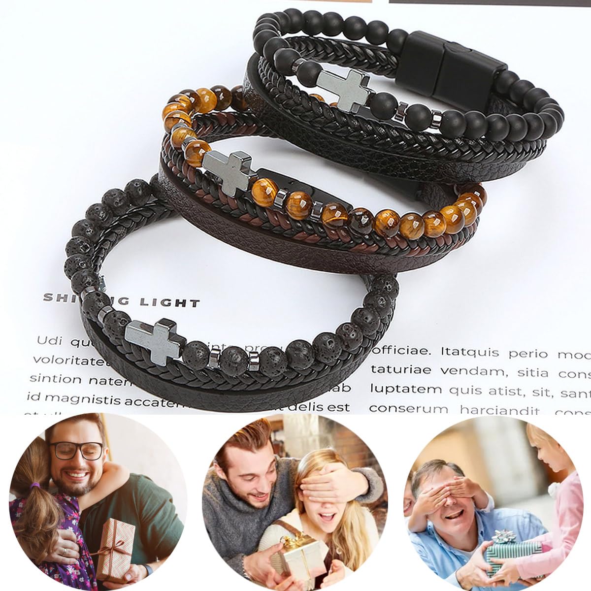 Cross Bracelet for Men Muli-Layer Cross Leather Bracelet Braided Bracelet 19/21cm