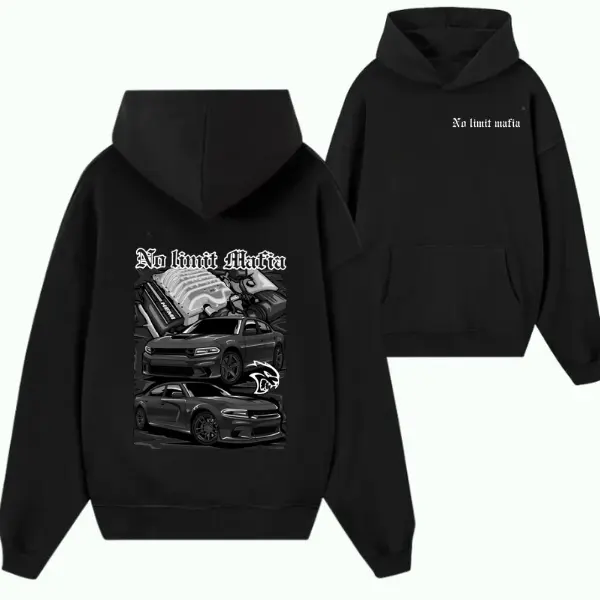 No Limit Mafia Hellcat Hoodie – Black Dodge Muscle Car Graphic Hoodie, Supercharged Street Racing Sweatshirt for Car Enthusiasts