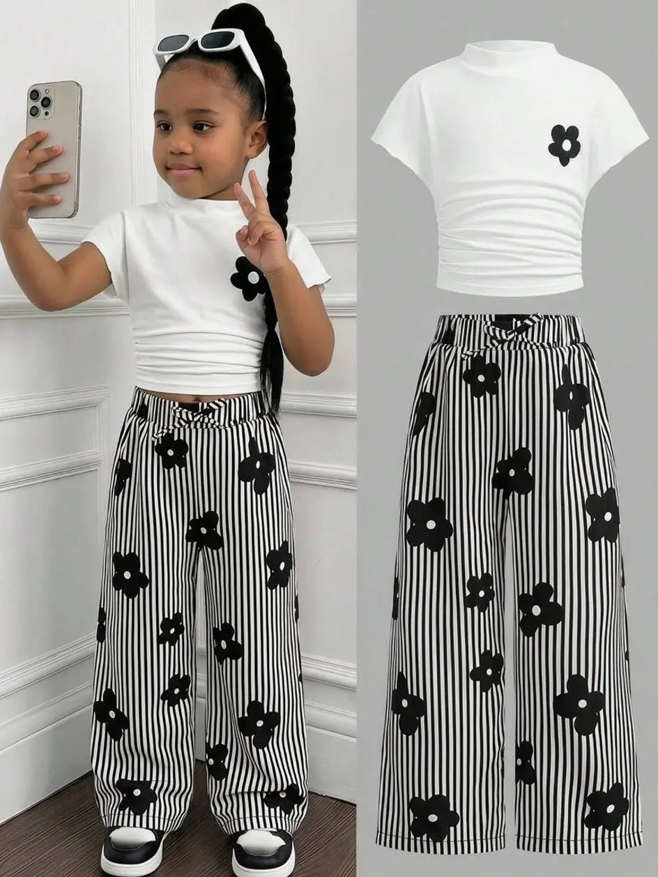 Kids clothing girls - Girls Summer 2-Piece Outfit, White Graphic T-Shirt & Striped Knit Pants, Casual Comfy School Clothing Set girls clothes for kids clean girl clothes cute college girl clothes girly clothing boho earthy girl clothes