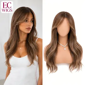 EC Wigs KHLOE 24 Inch Highlight Mix BROWN With Dark Rooted Synthetic Body Wig With Bangs for Women Soft Fluffy Natural Look Minimal Shedding Free Tangling Updos Voluminous Styles