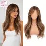 Bodywave Synthetic Wig for Women, 24-Inch Long Highlight Brown with Dark Roots and Bangs, Soft Natural Look, Tangle-Free and Minimal Shedding, Bodywave Wig, Synthetic Fiber Wig Synthetic Wavy Wig Body Wave Wig