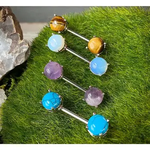 PAIR Prong Set Semi Precious Stone Nipple Rings Shields Surgical Steel Barbells