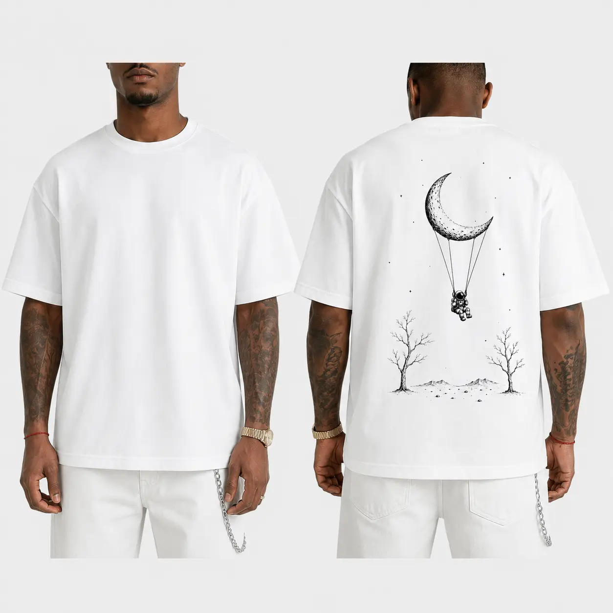 Men's Cotton Round Neck Astronaut Moon Art T-Shirt - Korean Print, Minimalist Oversized Loose-Fit Casual Streetwear Short-Sleeve Tee, Graphic, Vintage, Watch Party, 2Xl, Machine Wash, Relaxed