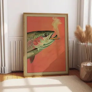 Trout Smoking a Cigarette Vintage Poster Art Funny Retro Whimsical Print Cabin Wall Decor Outdoor Sports Fisherman Illustration Gift for Dad