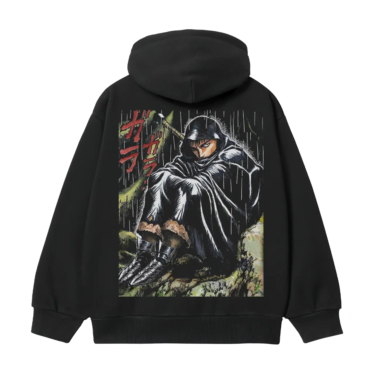Men's Berserk "Cloaked Guts" Heavyweight Vintage Cotton Blend Hoodie, Soft Breathable Longsleeve Pullover, Classic Anime Print Biker Black Crewneck Casual Top