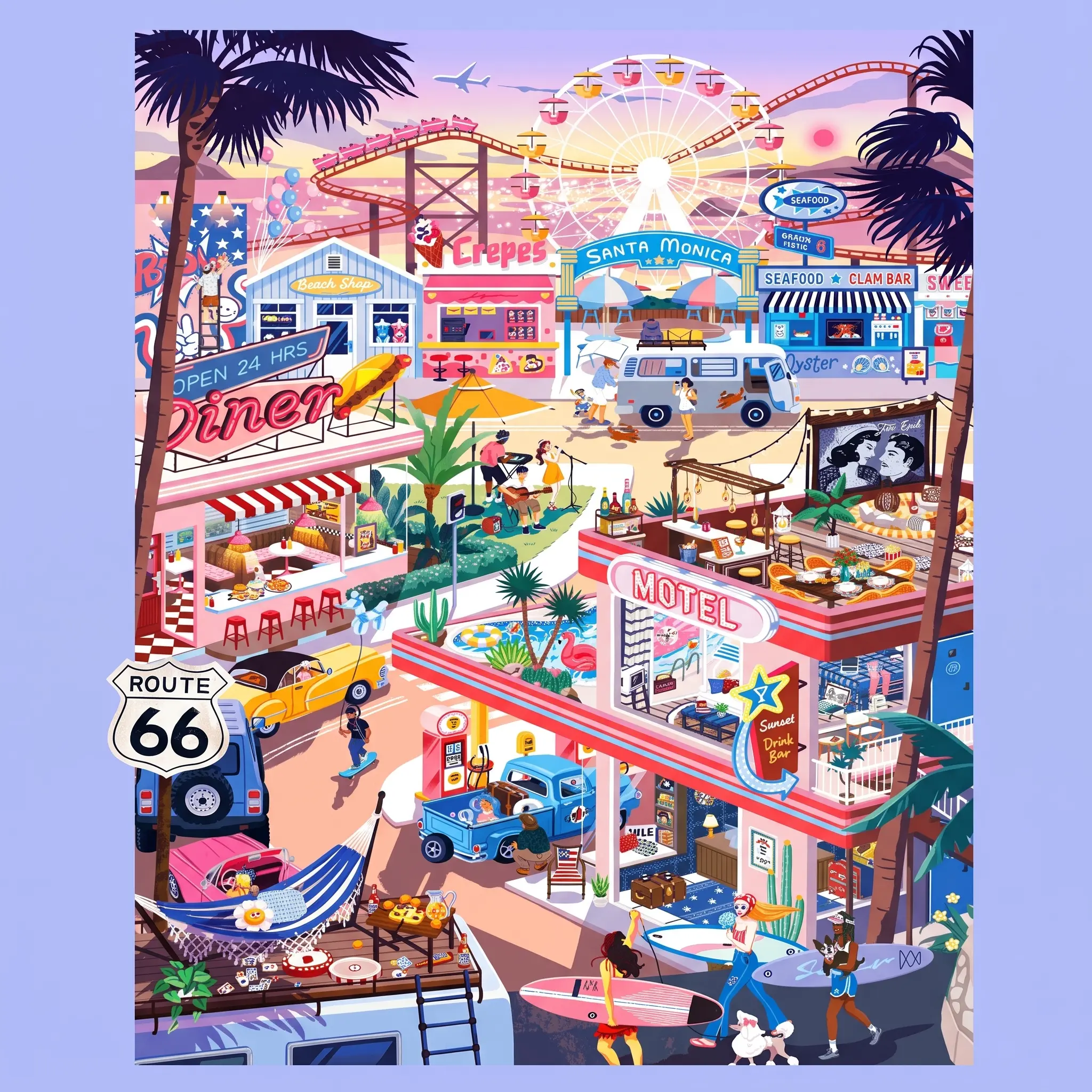 California Sunset American Coastal Town Diorama Sticker Sheet, Removable Numbered Sequential Waterproof Matte PET Beach & Amusement Park Stickers, With Auxiliary Character Stickers for Handmade Travel Journal Decoration(Includes tweezers)