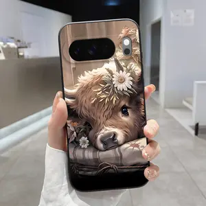 Rounded Edge Phone Case for Google Pixel 10 9 8 7 Pro A XL Flower - crowned Bovine Dream Pattern Full Body Protection Shockproof Soft Liquid Silicone Cover Cellphone Protective