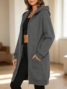 Women's Slouchy Longline Full Zip Hooded Jacket, Wrinkle  Oversized Mid-Length Sweatshirt with Deep Reinforced Pockets, Soft Stretchy Knit Casual Outerwear for Dog Walking, School Run, Daily Errands, Home Loungewear, Fall Winter Womenswear Lightweight