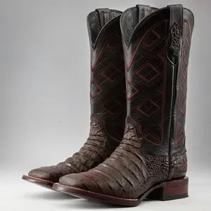 Brown Caiman Belly Print Leather Boots - Square Toe