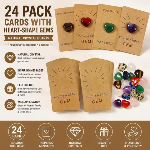 24-Pack Child-Safe Friendship Cards (3.5x2.1 Inches) - Office Stationery with High-Quality Coloring Process, Non-Toxic Heart-Shape Gems & Natural Crystals/Minerals, Diy Art Set, Perfect Gift for Gift Exchange
