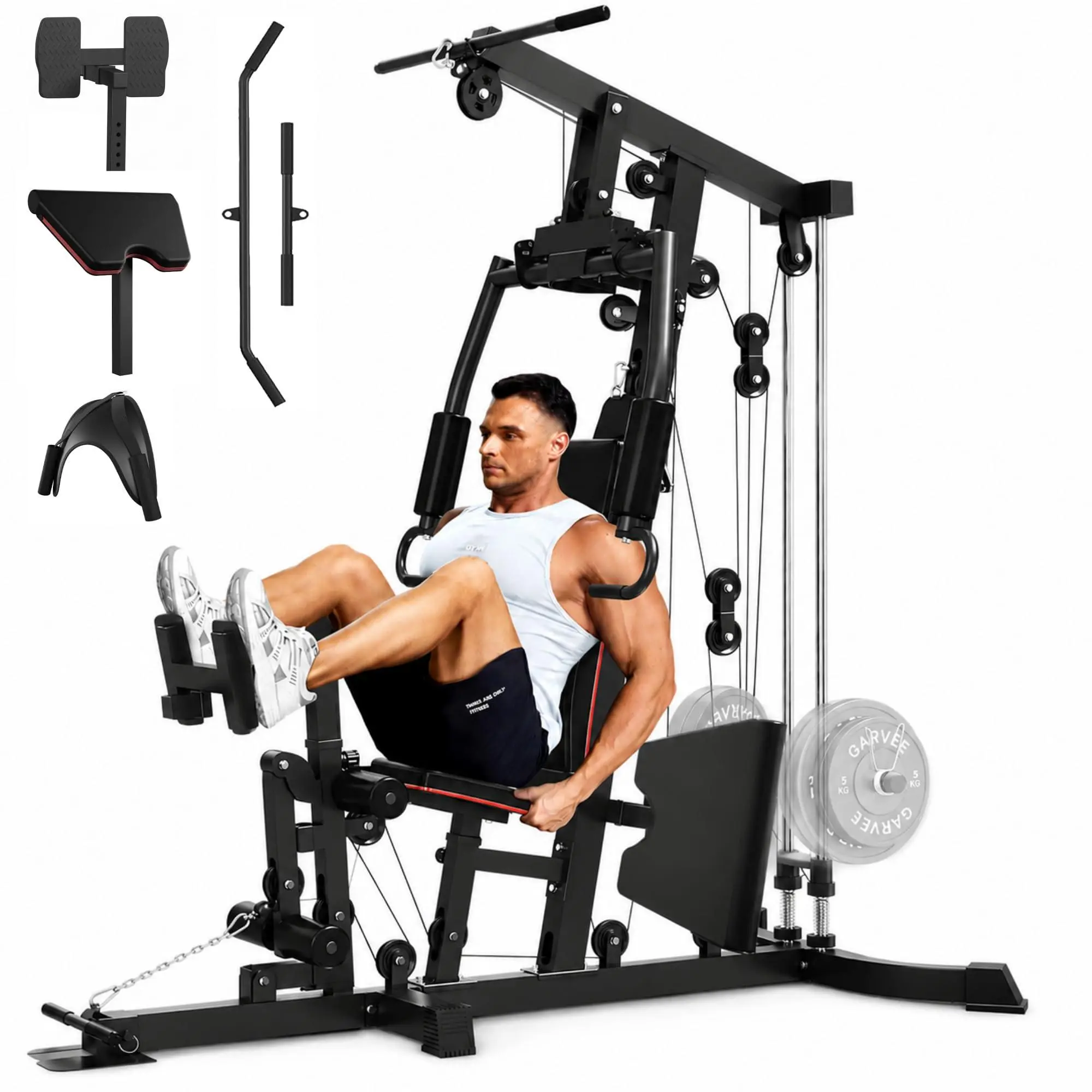 Plate Loaded Home Gym Machine with Leg Press & Preacher Curl | Full Body Workout Station with Chest Press, LAT Pulldown, Low Row, Strength Training Equipment Fits 1" & 2" Weight Plates
