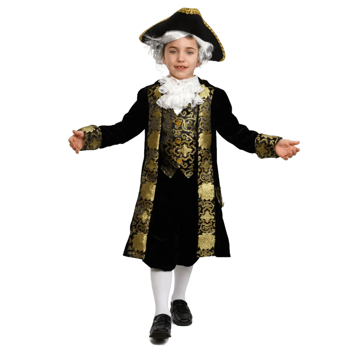 Washington Costume Dress For Kids - Colonial Outfit with Long Coat, Attached Vest, Jabot & Knickers - Historical Dress-Up for Pretend Play Fun, School Plays, Theme Party & Patriotic Events