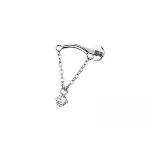 Threadless Push-In Curved Bar with Dangling Chain and Round CZ Crystal Hidden Helix Flat Back Stud - 316L Stainless Steel