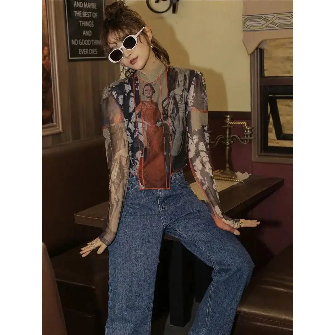 Long Sleeve Vintage Mesh Turtleneck Top