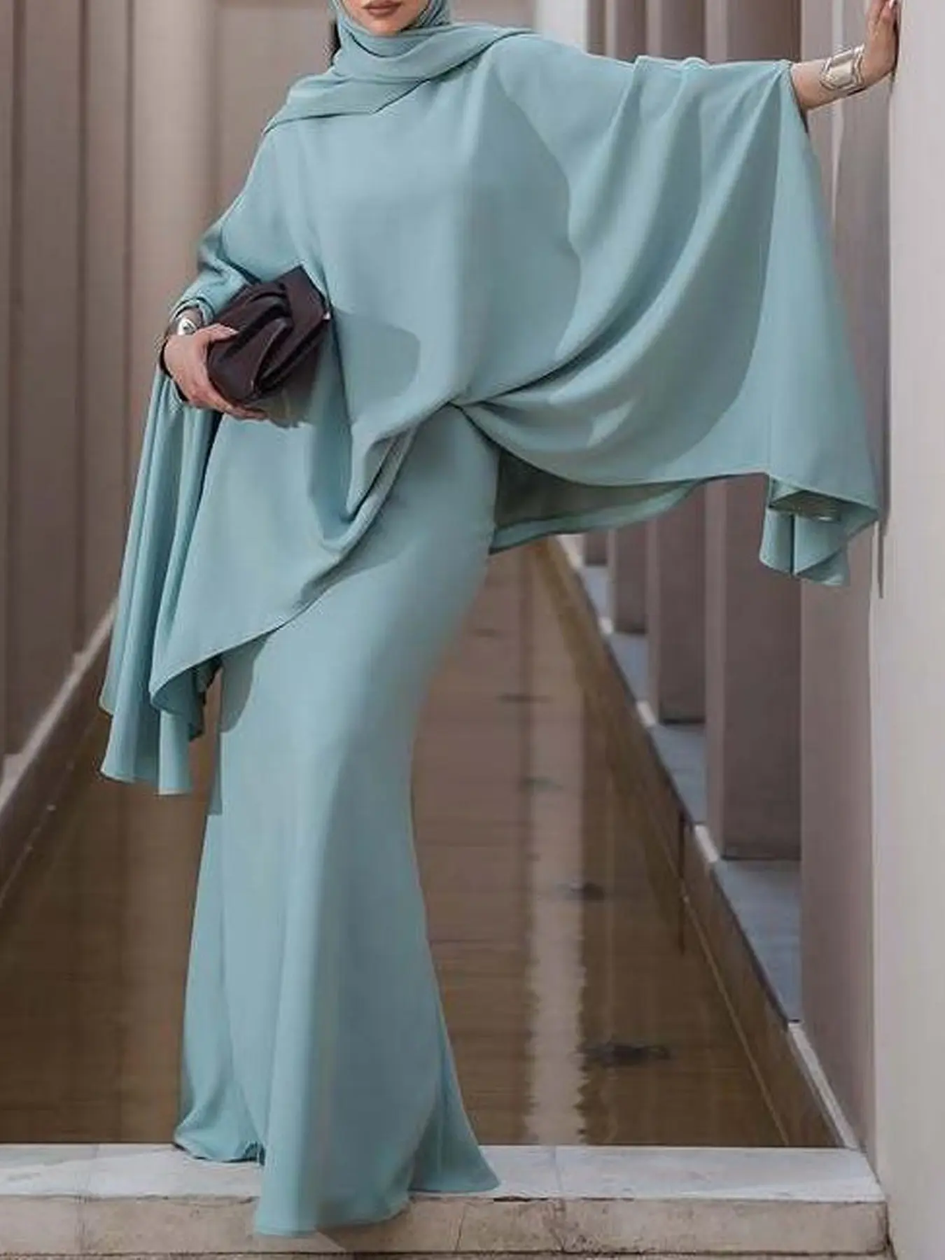 Women's Casual Elegant Middle Eastern Two-Piece Fashion Muslim Set, Blue Solid Batwing Sleeve Top and Skirt, Perfect for Daily Wear, Fashion Style Sets, For Muslim, Islamic Clothing Set