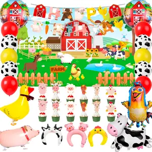 Farm Animal Birthday Decorations, 49 pcs Farm Party Decorations Set Including Farm Animal Balloons Backdrop Cupcake Toppers Head Hoop etc Farm Birthday Decorations Supplies for Girls/Boys Kids
