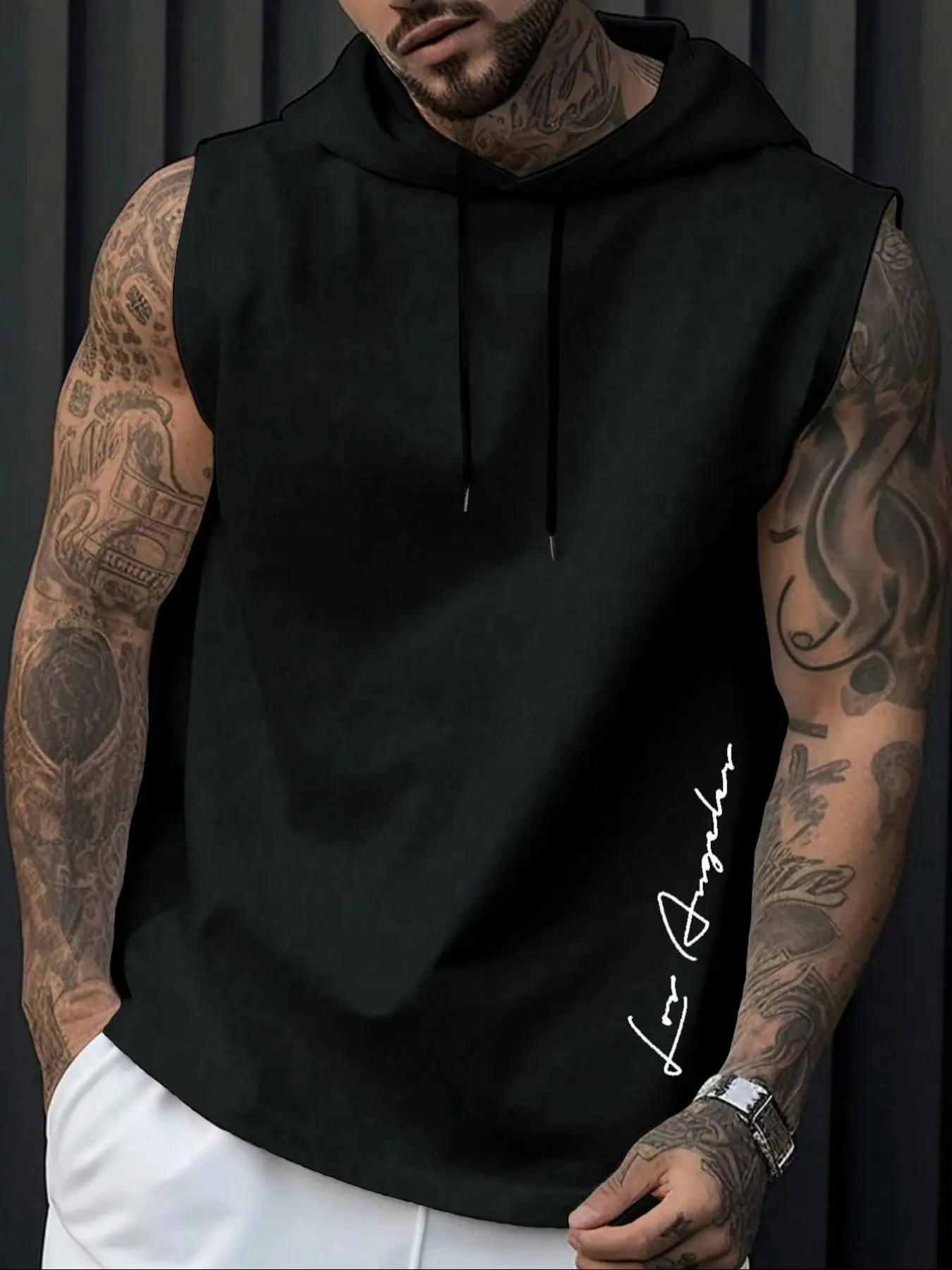 Men's Sleeveless Trendy Casual Hoodie, Alphabet Pattern Print, Perfect for Summer, Vacations and Daily Wear, Comfortable Layering or Standalone