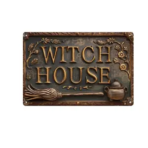 Vintage "Witch House" Recyclable Tin Metal Sign - 8x12 in Pre-Drilled Holes Retro Witchy Home Decor Products, Perfect Halloween Gift for Women, Porch Signage Wall Art