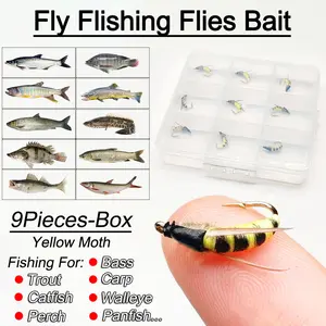 9Pcs(with Flies Box) Fly Fishing Flies Yellow Moth Dry Flies Nymph Lure Fishing for Salmon/Trout Fly Fishing Lures Fishing Tackle