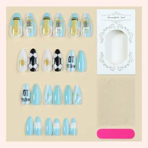 [Game Day Edition] Global Soccer Tournament Fan Press On Nails | 4th of July Independence Day Patriotic Fake Nails | 3D Luxury Gold Trophy USA Argentina Mexico Canada Team Colors Medium Almond Reusable Glue On Nails (24pcs) Nail Art