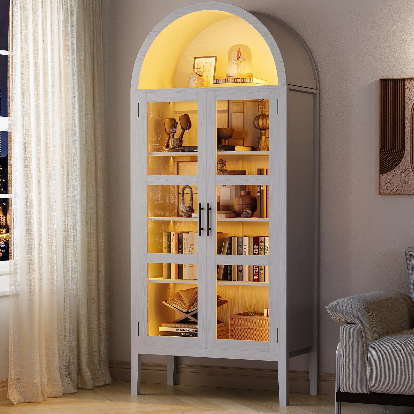 Modern Arched Pantry Cabinet with LED Lights – Tempered Glass Doors, Adjustable Shelves, Open Storage, Freestanding Wood Display for Dining Room, Living Room, Kitchen