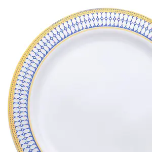 White with Blue and Gold Chord Rim Plastic Dinner Plates (10.25")