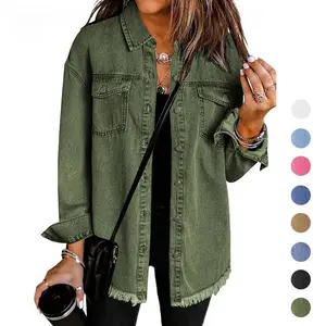 Jean Jackets For Women Ripped Fringe Denim Jean Jacket Casual Long Sleeve Pockets Jackets Coat Fabric Fashion Womenswear Soft  �C Back To School Outfit Idea