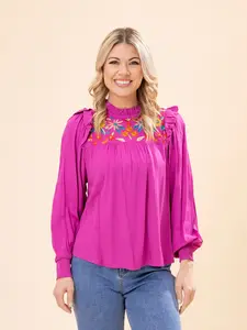 Long Sleeve Embroidery Detail Mock Neck Top | S-L