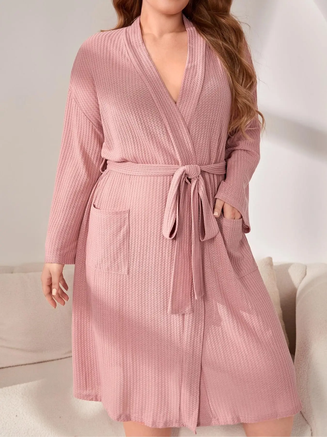 Plus Size Plain Textured Drop Shoulder Long Sleeve Fit Belted Wrap Lounge Robe, Loose Casual Robe, Loungewear, Casual V Neck Pocket Pajama Robe, Gowns, Women's Sleepwear for All Seasons, Womenswear