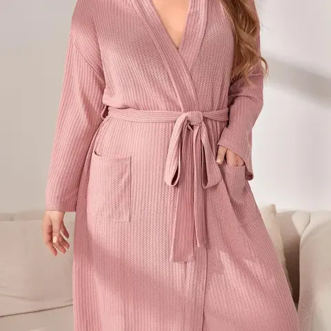 Plus Size Plain Textured Drop Shoulder Long Sleeve Fit Belted Wrap Lounge Robe, Loose Casual Robe, Loungewear, Casual V Neck Pocket Pajama Robe, Gowns, Women's Sleepwear for All Seasons, Womenswear