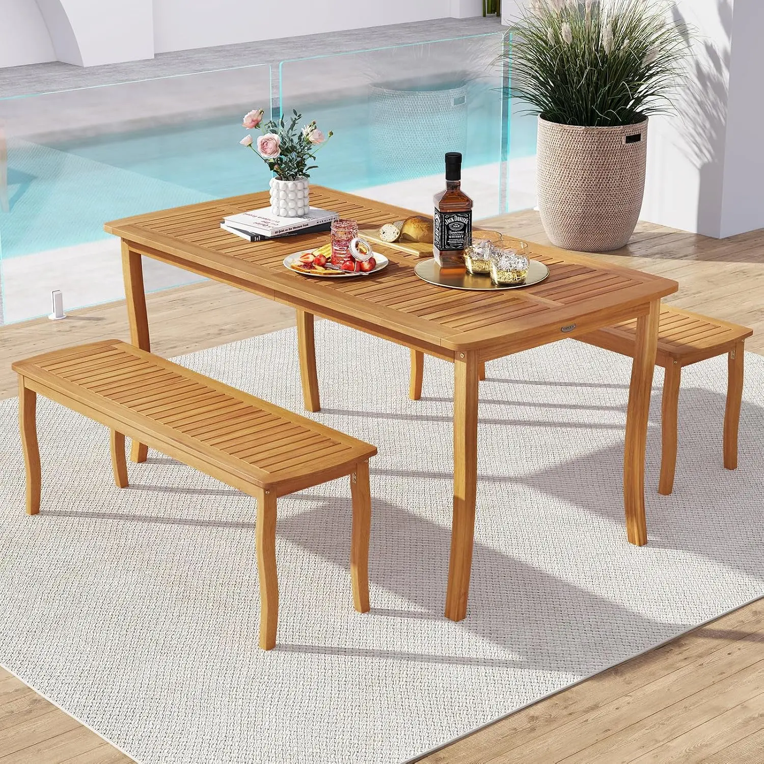 Vallmore 47" Acacia Wood Backless Bench, 800 lbs Capacity, Slatted Seat, Reinforced Crossbar, Splinter-Free, Paint-Ready for Entryway, Garden, Patio, Poolside, Dining