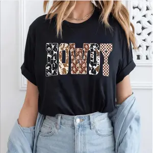 Howdy Unisex T-Shirt Western Halloween Ghost Sublimation Unisex T-Shirt, Cowboy Checkered Fall Letters Spooky Rustic