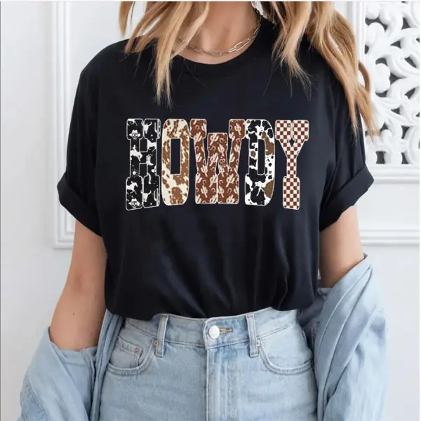 Howdy Unisex T-Shirt Western Halloween Ghost Sublimation Unisex T-Shirt, Cowboy Checkered Fall Letters Spooky Rustic