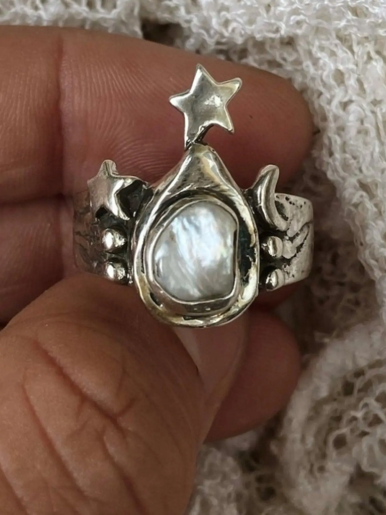 Vintage Silver Color Artificial Pearl Star Moon Ring for Women, Creative Personality Design, Casual Party Ready Jewelry, Trendy Fashionable Accessory, Fashion Rings, Fashionable Jewelry Accessories