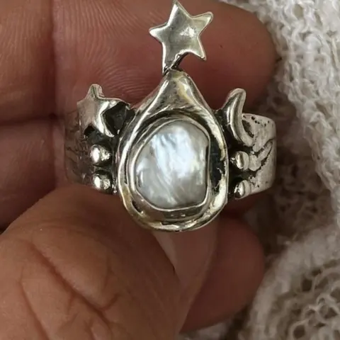 Vintage Silver Color Artificial Pearl Star Moon Ring for Women, Creative Personality Design, Casual Party Ready Jewelry, Trendy Fashionable Accessory, Fashion Rings, Fashionable Jewelry Accessories