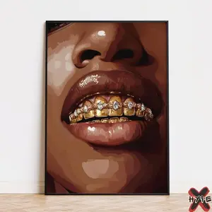 Gold Grillz Melanin Unframed Art Poster – Black Girl Art with Diamond Teeth, Urban Wall Print, Bold Frameless Decor