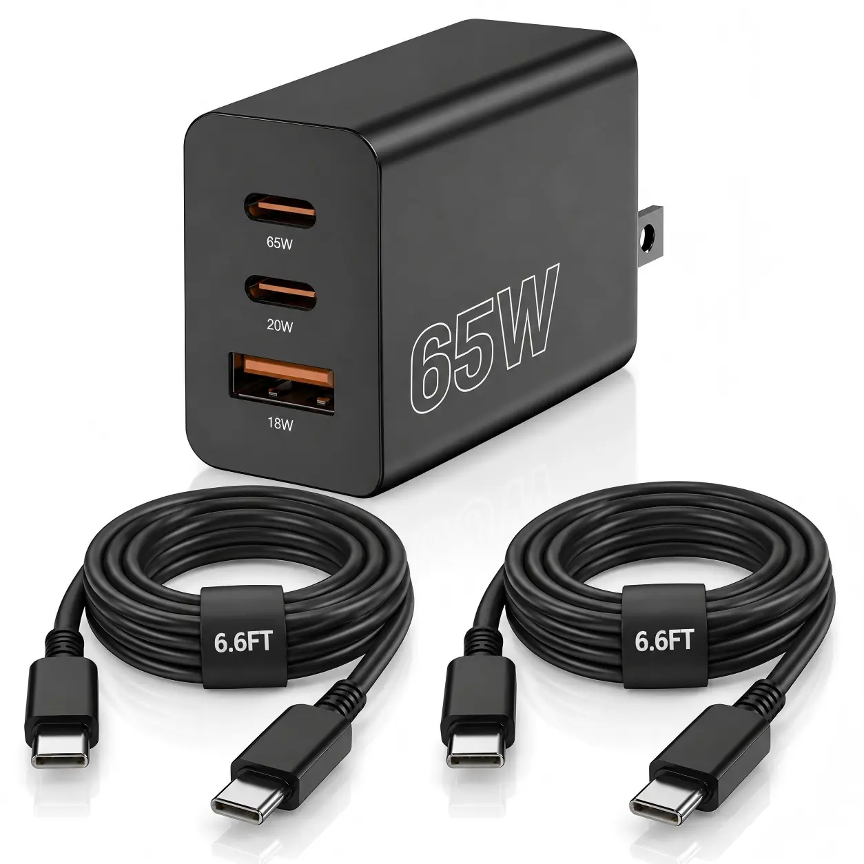 65W USB C Wall Charger, 3-Port Fast Charging Block with 2 USB-C & 1 USB-A Ports, Optional 6.6FT USB C to USB C Cables, Charger Set for Phones, Tablets, Laptops & USB C Devices