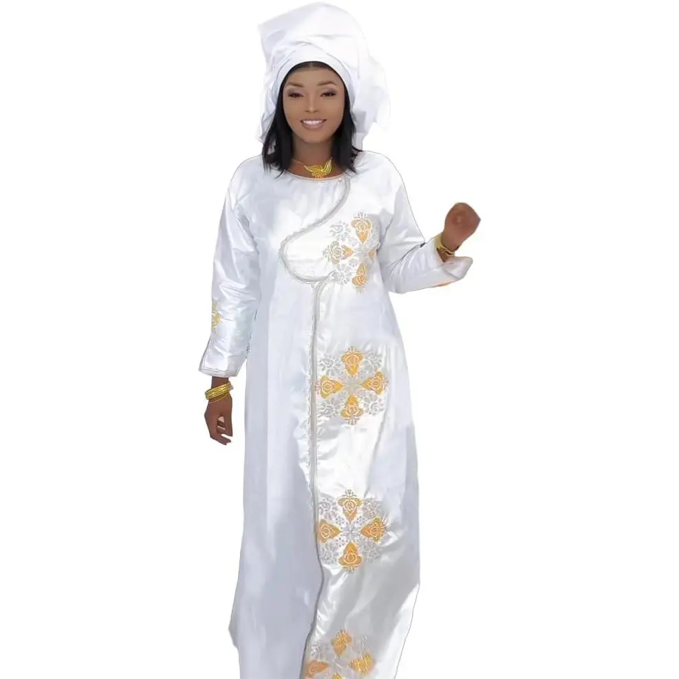 West African Bazin Dress for Woman Floral Embroidery African Female Native Maxi Dresses