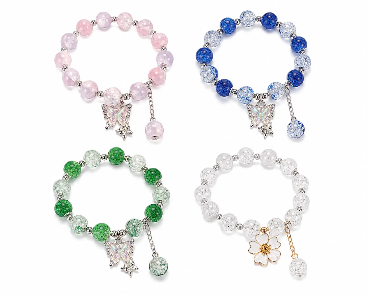 Women's Crackle Bead Butterfly Charm Bracelet - Sparkling Stretch Dangle Y2K Costume Jewelry, 4-Style Set Available as Gift